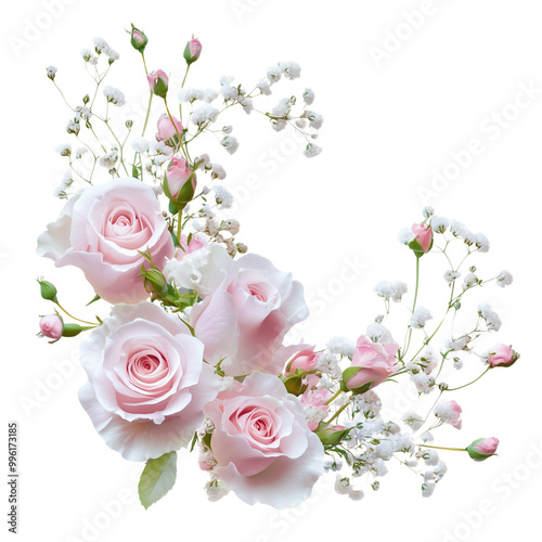 Isolated on a white or transparent background, a corner floral arrangement with pink roses, eustoma, and gypsophila flowers