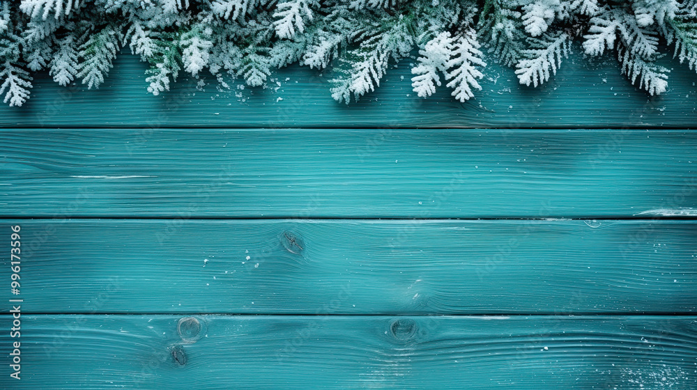 Fototapeta premium Snowy spruce branches on a teal wood background