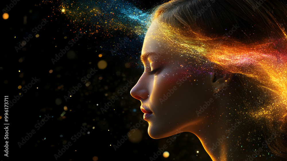 A Woman's Profile Silhouetted Against a Glittering, Cosmic-Themed Background with a Stream of Light Emanating From Her Head and Eyes Closed in a Serene Moment A Woman's Profile Silhouetted Against a Glittering, Cosmic-Themed Background with a Stream of Light Emanating From Her Head and Eyes Closed in a Serene Moment
