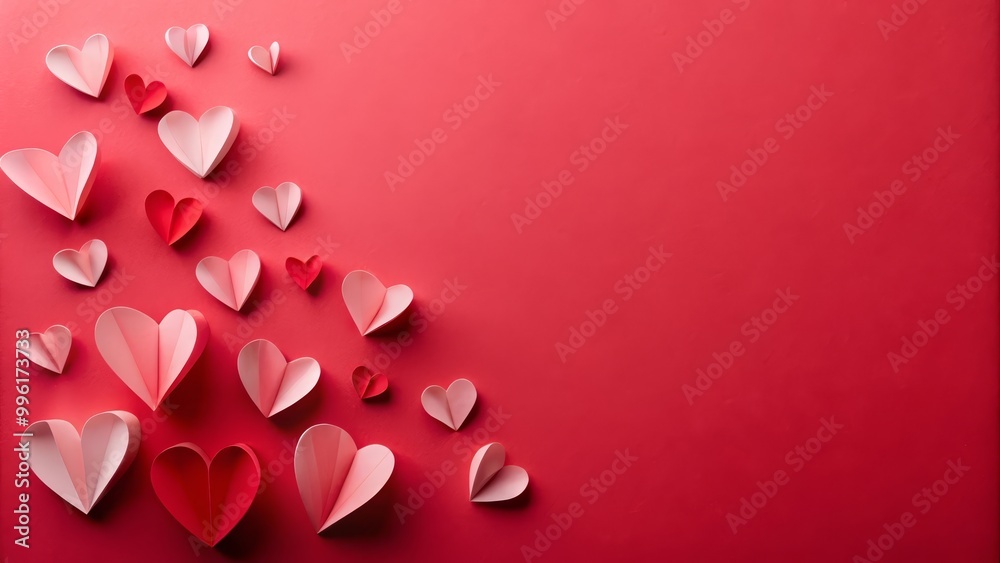 Scattering of paper hearts in shades of pink and white are creating a romantic border on a red background