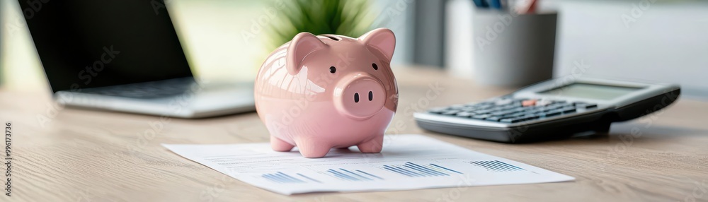 Pink piggy bank, calculator, and financial charts on a desk Great for finance, savings, and investment concepts Pink piggy bank, calculator, and financial charts on a desk Great for finance, savings, and investment concepts