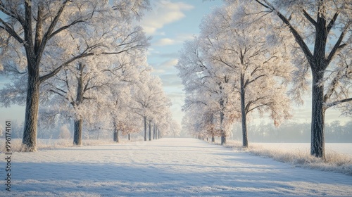 A tranquil winter morning with frost-kissed trees glistening in the early light.