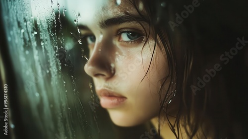 melancholic teen gazing out rainstreaked window shadowy room muted colors soft focus on reflection emotional depth captured in eyes photo