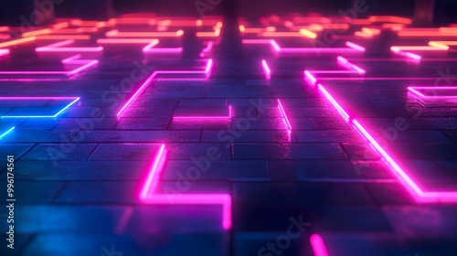 Glowing Neon Lines Create Intricate Maze on Dark Background