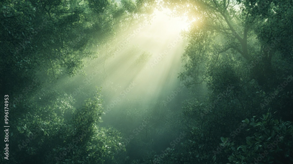 Fototapeta premium Sunlight Streaming Through Dense Foliage in a Foggy Forest