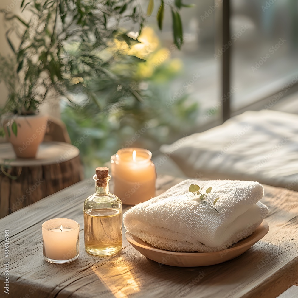 A cozy spa setting with calming elements like candles, essential oils, and soft textiles, emphasizing restorative relaxation and self-care. A cozy spa setting with calming elements like candles, essential oils, and soft textiles, emphasizing restorative relaxation and self-care.