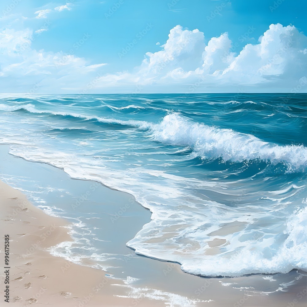 Fototapeta premium A peaceful beach scene with gentle waves and soft sand, creating a stress-free environment ideal for relaxation and rejuvenation.