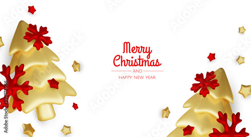 Christmas winter festive composition. Colorful Xmas background realistic 3d decorative design objects, christmas tree, gift boxes, xmas ball, gold confetti. Happy New Year. Vector illustration