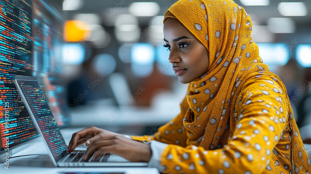 Fototapeta premium A focused woman in a hijab works on a laptop, surrounded by data visualization, showcasing the blend of culture and technology.