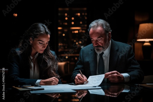 In a dark, elegant office, two business professionals discuss important documents under soft lighting, creating an atmosphere of serious and focused work collaboration.