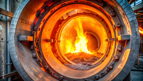Close up of flame in rotary kiln during heating mode in cement plant, flame, rotary kiln, heating, cement plant