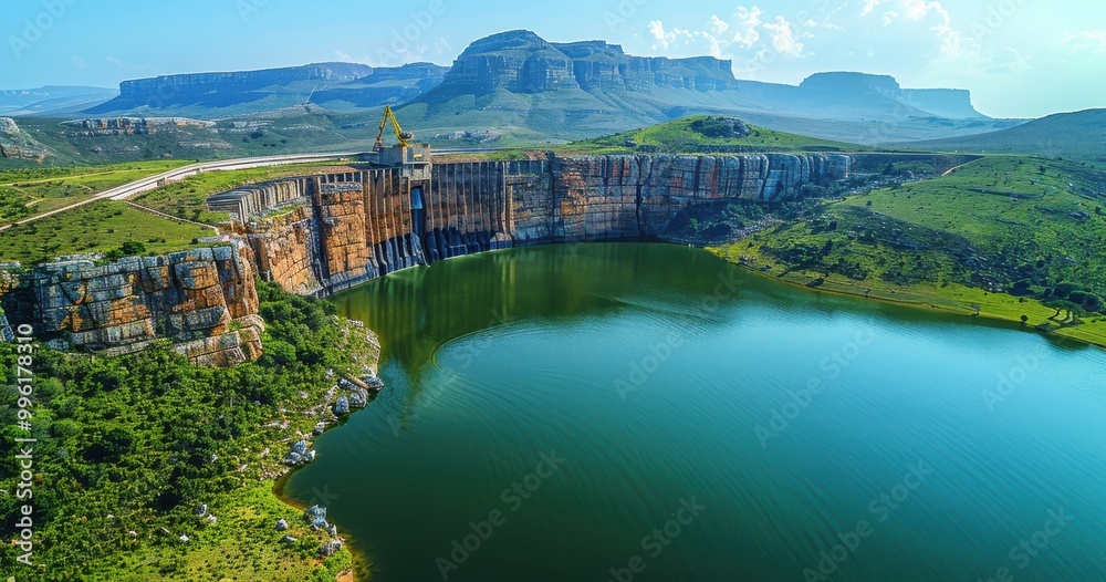 Aerial view of the dam surrounded by mountains and water Aerial view of the dam surrounded by mountains and water