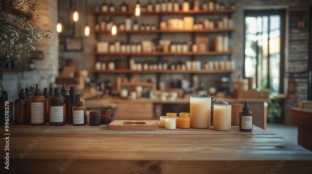 A cozy shop interior filled with candles and essential oils, showcasing eco-friendly products in rustic decor, empty mockup for product presentation