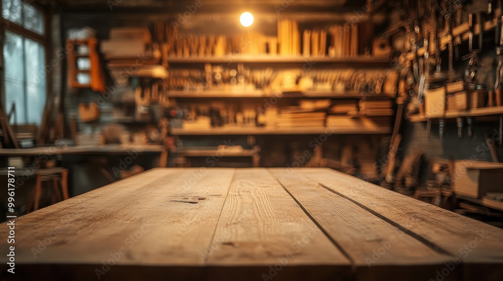 A rustic wooden table in a cozy workshop filled with tools and materials, showcasing craftsmanship and a creative work environment, empty mockup for product presentation A rustic wooden table in a cozy workshop filled with tools and materials, showcasing craftsmanship and a creative work environment, empty mockup for product presentation