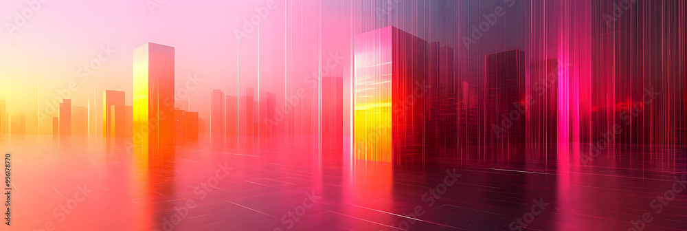 Abstract 3D Cityscape with Pink and Yellow Gradient Lines and Glowing Buildings