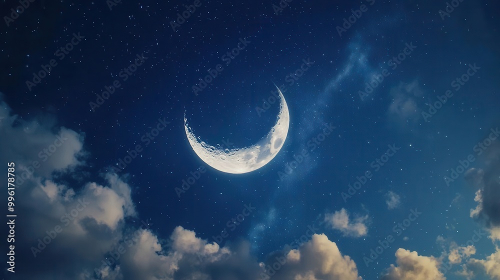 mesmerizing crescent moon shining brightly in a starstudded night sky casting a soft glow on wispy clouds and creating a dreamy atmosphere mesmerizing crescent moon shining brightly in a starstudded night sky casting a soft glow on wispy clouds and creating a dreamy atmosphere