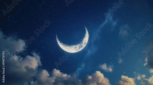 mesmerizing crescent moon shining brightly in a starstudded night sky casting a soft glow on wispy clouds and creating a dreamy atmosphere