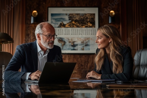 Two colleagues converse seriously over a business project in a well-decorated office setting, utilizing a laptop for sharing details and collaborating efficiently. photo