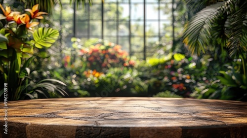 A tranquil greenhouse setting featuring lush plants and a rustic wooden table for displaying products or enjoying nature, empty mockup for product presentation