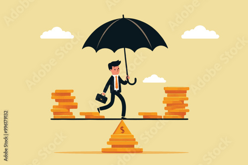 Black umbrella businessman standing to balance expenses and income