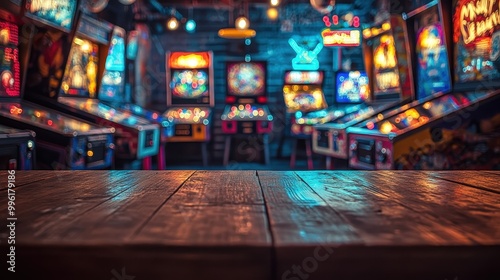 A vibrant arcade scene featuring colorful pinball machines with a wooden table in the foreground, creating a nostalgic atmosphere, empty mockup for product presentation photo