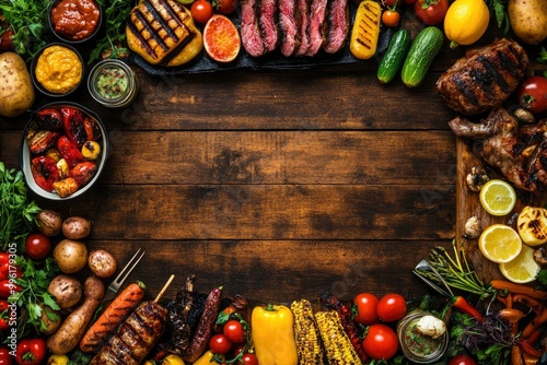 Summer BBQ or picnic food double side border over a rustic wood banner background. Various grilled meats, vegetables, fruits, salad and potatoes. Above view with copy space with generative ai