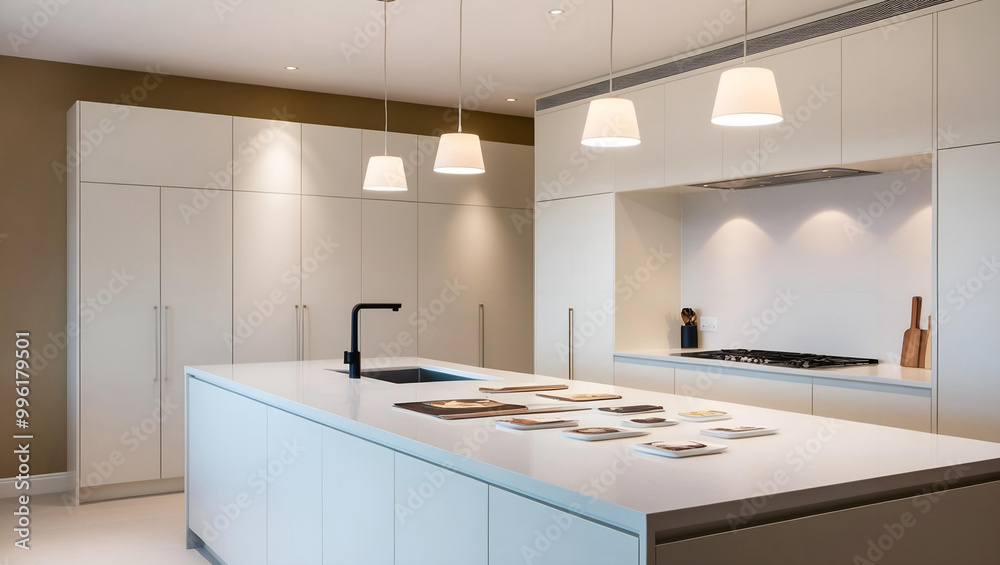 Minimalist white kitchen interior with a blured background showing a clean and modern design, the empty counter topfor product display or montage presentation concept Minimalist white kitchen interior with a blured background showing a clean and modern design, the empty counter topfor product display or montage presentation concept