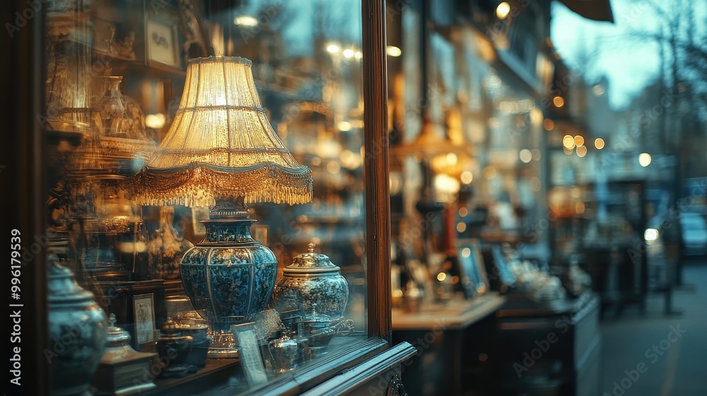 Obraz premium Charming antique shop window filled with vintage lamps, porcelain vases, and unique collectibles reflecting warm evening light.
