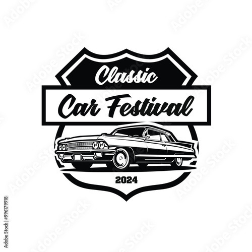 Classic Car Festival Logo Emblem Vector. Muscle Car Side View Logo Vector Illustration. Best for Vintage Automotive Related Industry