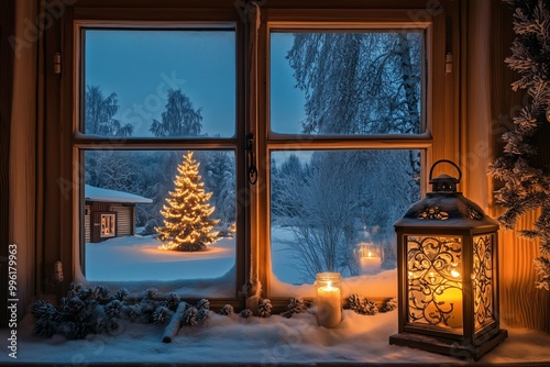 Obraz na płótnie View through a romantic decorated window with lantern and candlelight to a romantically lit Christmas tree in the snow w salonie