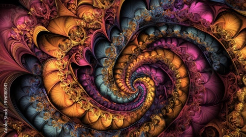 mesmerizing fractal pattern in rich jewel tones intricate selfrepeating shapes create a hypnotic kaleidoscopic effect digital artwork with infinite depth and mesmerizing complexity photo