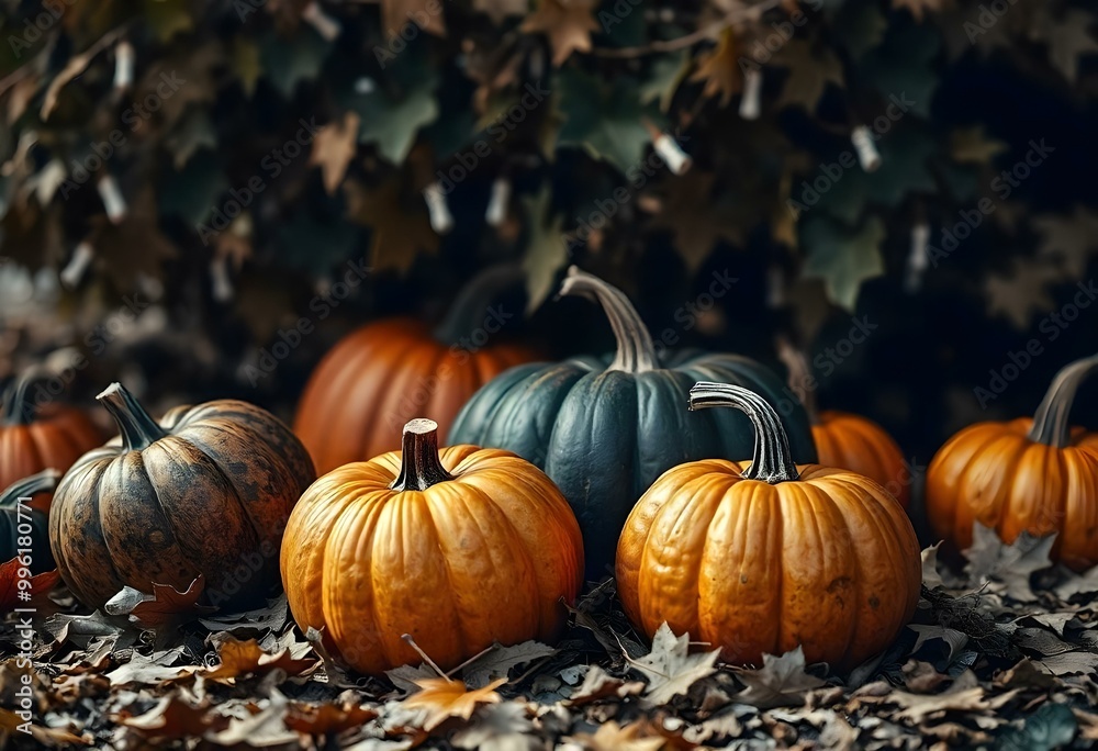 pumpkins in the forest on autumn leaves pumpkins in the forest on autumn leaves