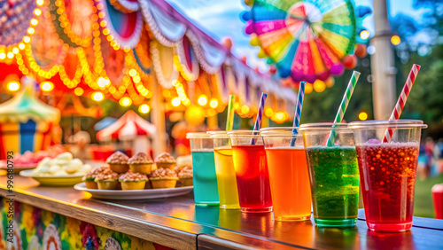 Colorful drinks and carnival-themed treats displayed at a village fair , festival, fun, treats, sweets, candy, colorful