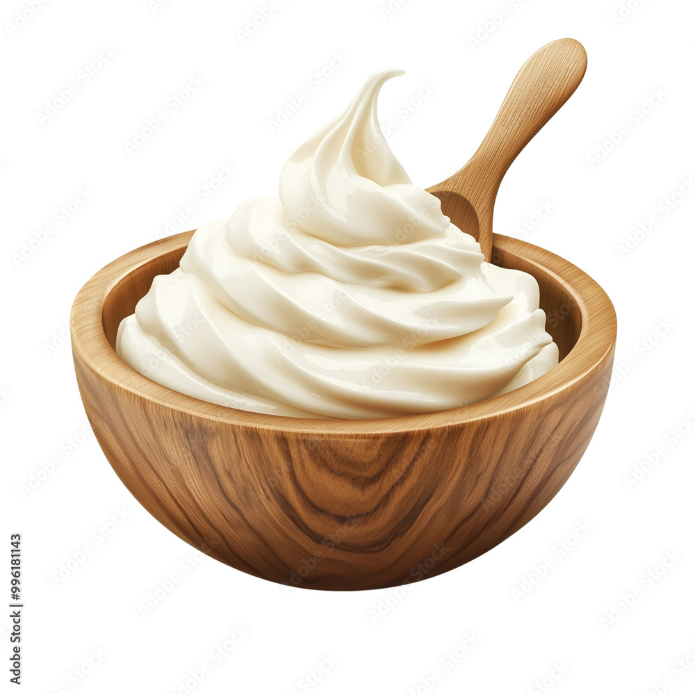 Whipped cream in a light wooden bowl on white background Whipped cream in a light wooden bowl on white background