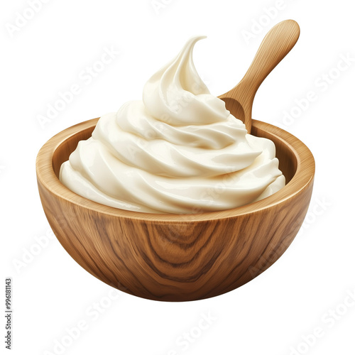 Whipped cream in a light wooden bowl on white background 