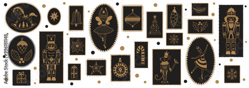 Gold Christmas decorations flat vector illustration. Stickers. Stamps. New Year's balls, nutcracker and ballerina . Merry Christmas and New Year set with Ballerina and Nutcracker. iTransparent backgro