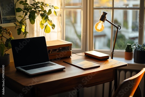 Cozy home office setup with a laptop, tablet, and desk lamp by a window filled with natural light.