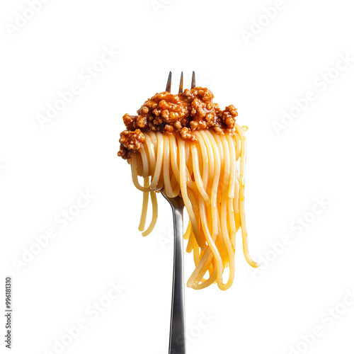 Spaghetti with sauce bolognese hanging on a fork  isolated on transparent background,transparency 