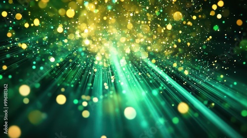 mesmerizing green light burst on dark background asymmetric rays forming abstract pattern with goldengreen sparkles dramatic contrast between deep emerald and luminous yellowgreen hues photo