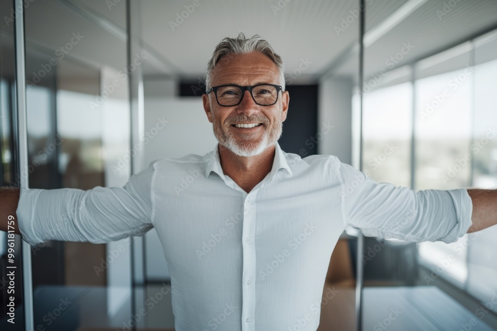 A smiling man in a white shirt and glasses extends his arms in a welcoming gesture, embodying approachability and positivity in a modern office environment. A smiling man in a white shirt and glasses extends his arms in a welcoming gesture, embodying approachability and positivity in a modern office environment.