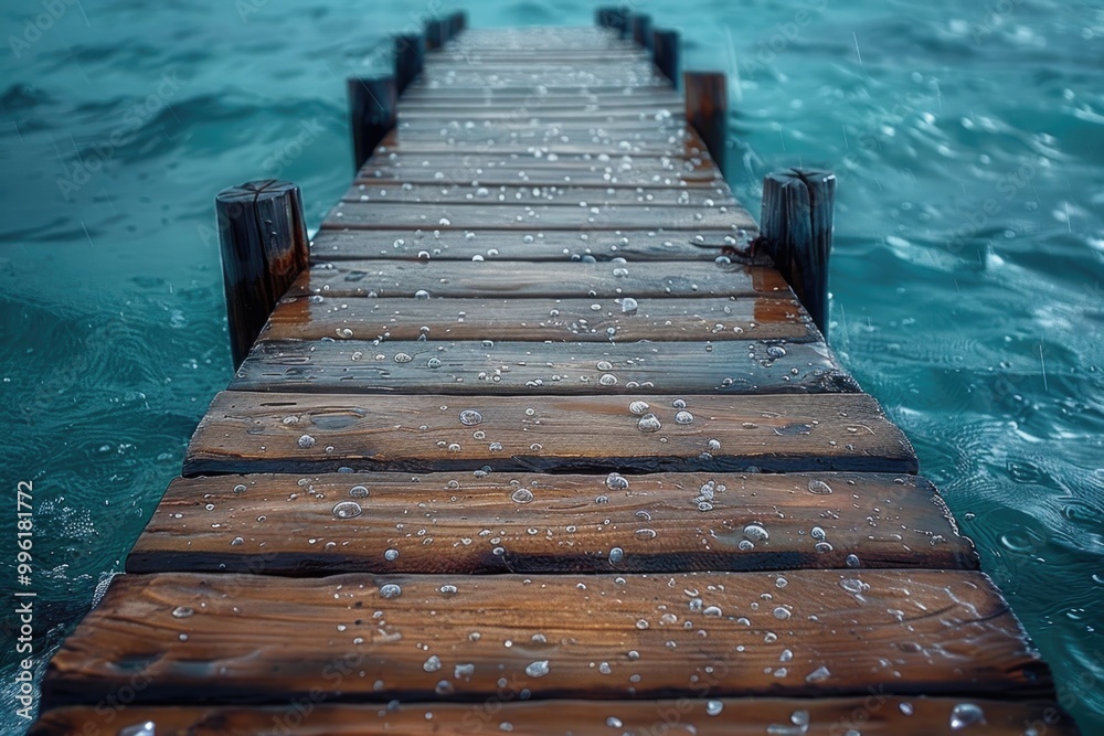 Tranquil wooden dock on serene waters with raindrops creating a calming atmosphere for relaxation and reflection Tranquil wooden dock on serene waters with raindrops creating a calming atmosphere for relaxation and reflection