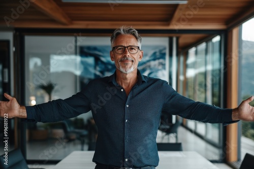 A friendly man stands with open arms at an office interior, expressing a warm welcome and approachability, dressed casually in a modern work setting.