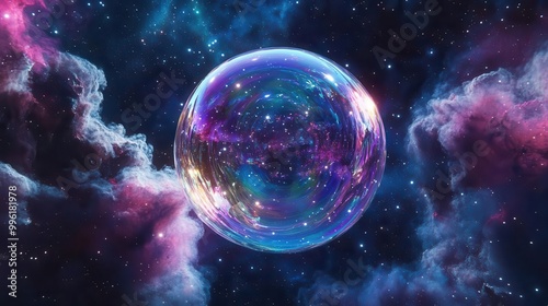 mesmerizing iridescent soap bubble floating in zero gravity refracting light into prismatic patterns set against a cosmic nebula background