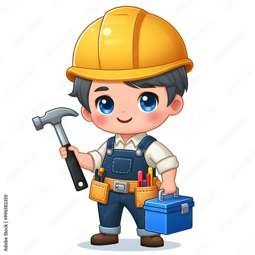 Isolated flat-style illustration of cute builder on wite background. Isolated flat-style illustration of cute builder on wite background.