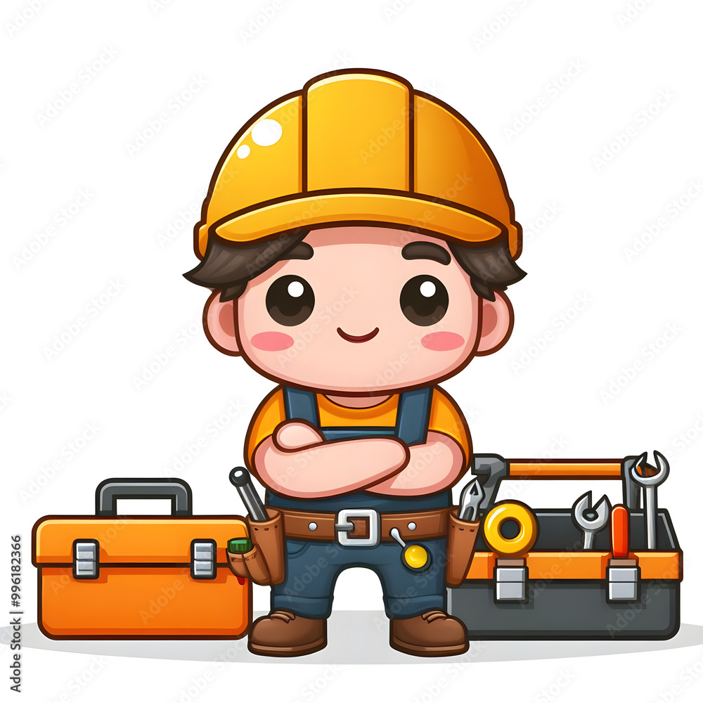 Fototapeta premium Isolated flat-style illustration of cute builder on wite background.