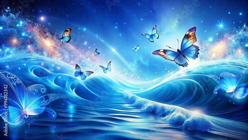 Magical Waves and Butterflies in Blue Fantasy World