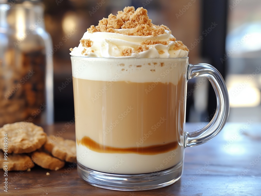 Gingerbread latte with a swirl of whipped cream and gingerbread cookie crumbs, served in a cozy cafe setting Gingerbread latte with a swirl of whipped cream and gingerbread cookie crumbs, served in a cozy cafe setting