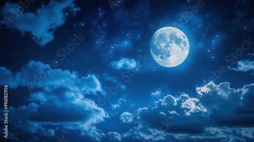 mesmerizing night sky brilliant full moon peeking through wispy clouds stars twinkling in deep blue expanse creating ethereal celestial scene