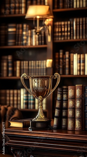 Gold Trophy Cup on Bookshelf in Cozy Library.