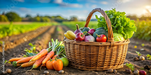 Freshly harvested organic vegetables in a basket on a farm field , organic, vegetables, harvest, farm, basket, fresh